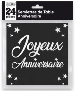 24 SERVIETTES JOYEUX ANNIVERSAIRE METALLISEES NOIR
