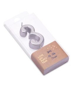 BOUGIE CHIFFRE “3” METALLISE ARGENT 4.3CM SUR PIC.